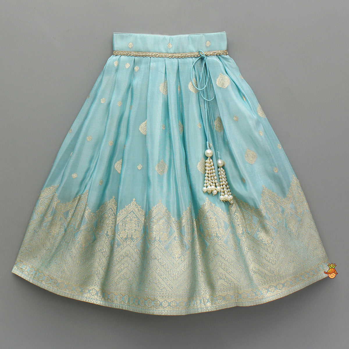 Elegant Blue Lace Detailed Sheen Top With Matching Sheen Lehenga And Dupatta