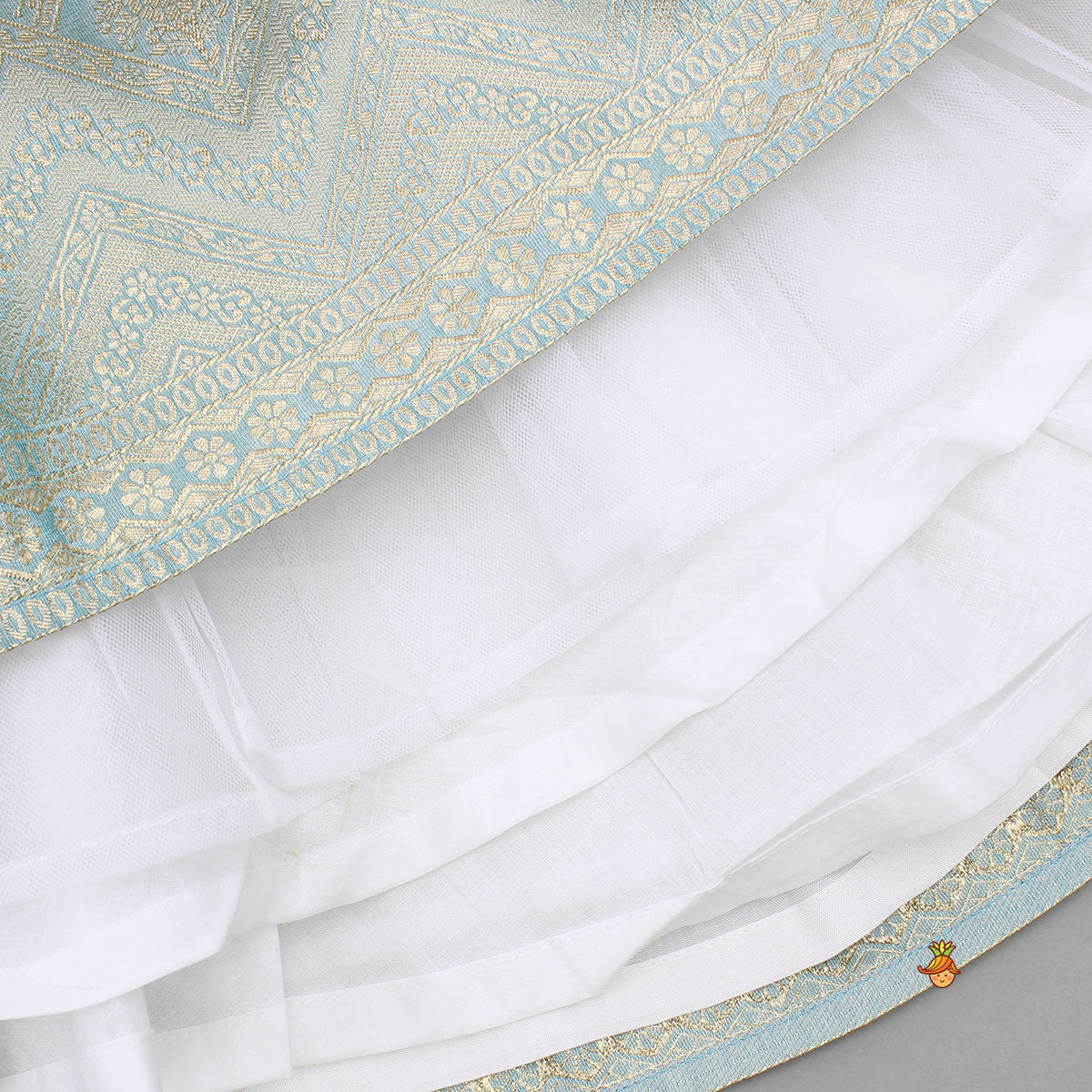 Elegant Blue Lace Detailed Sheen Top With Matching Sheen Lehenga And Dupatta