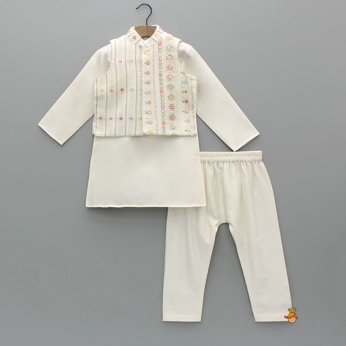 Kurta With Multicolour Faux Mirror Embroidered Jacket And Pyjama