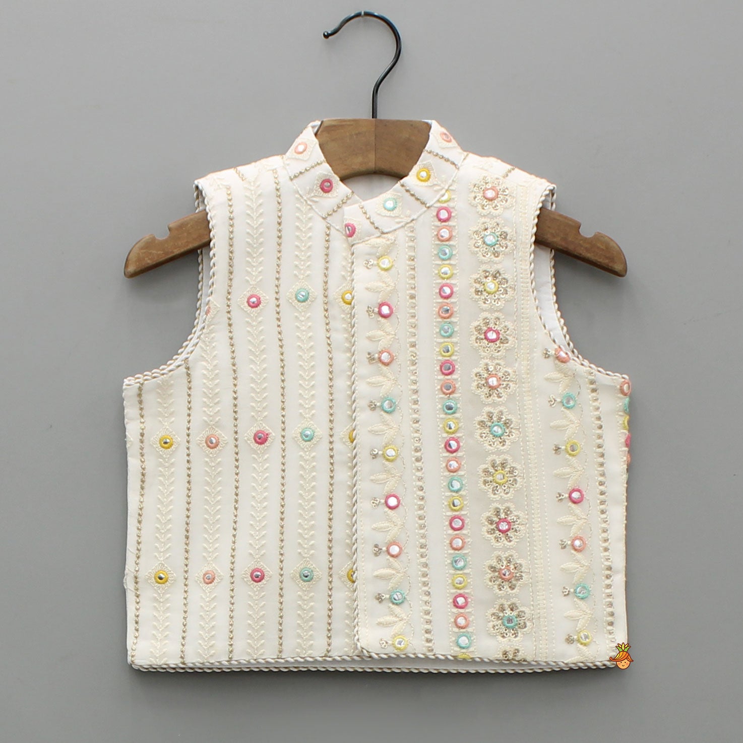 Kurta With Multicolour Faux Mirror Embroidered Jacket And Pyjama