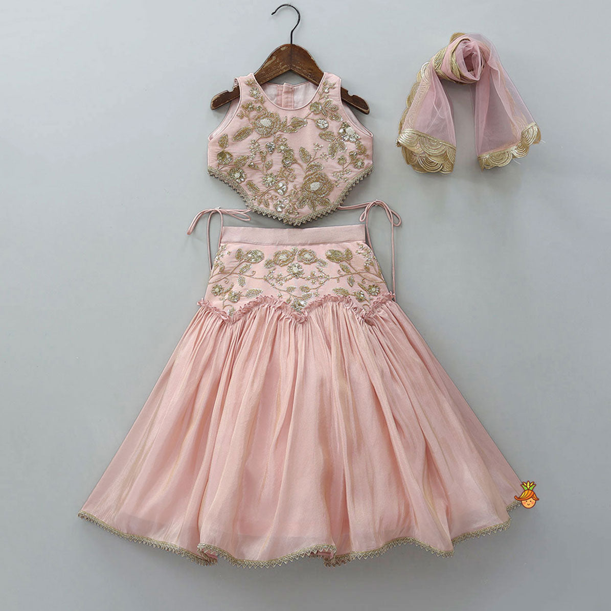 Cut Dana Embroidered Pink Shimmer Top And Lehenga With Net Dupatta