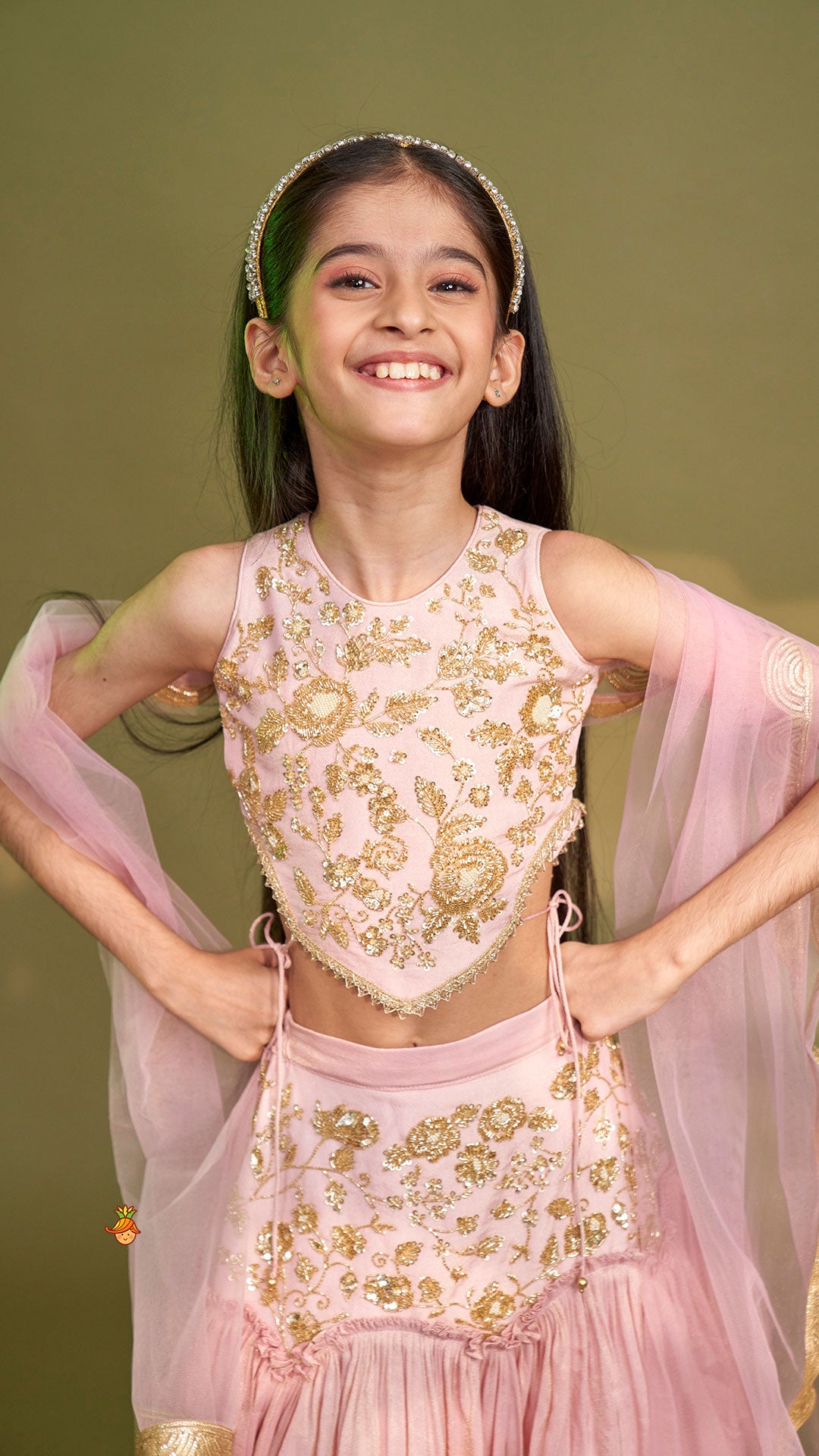 Cut Dana Embroidered Pink Shimmer Top And Lehenga With Net Dupatta