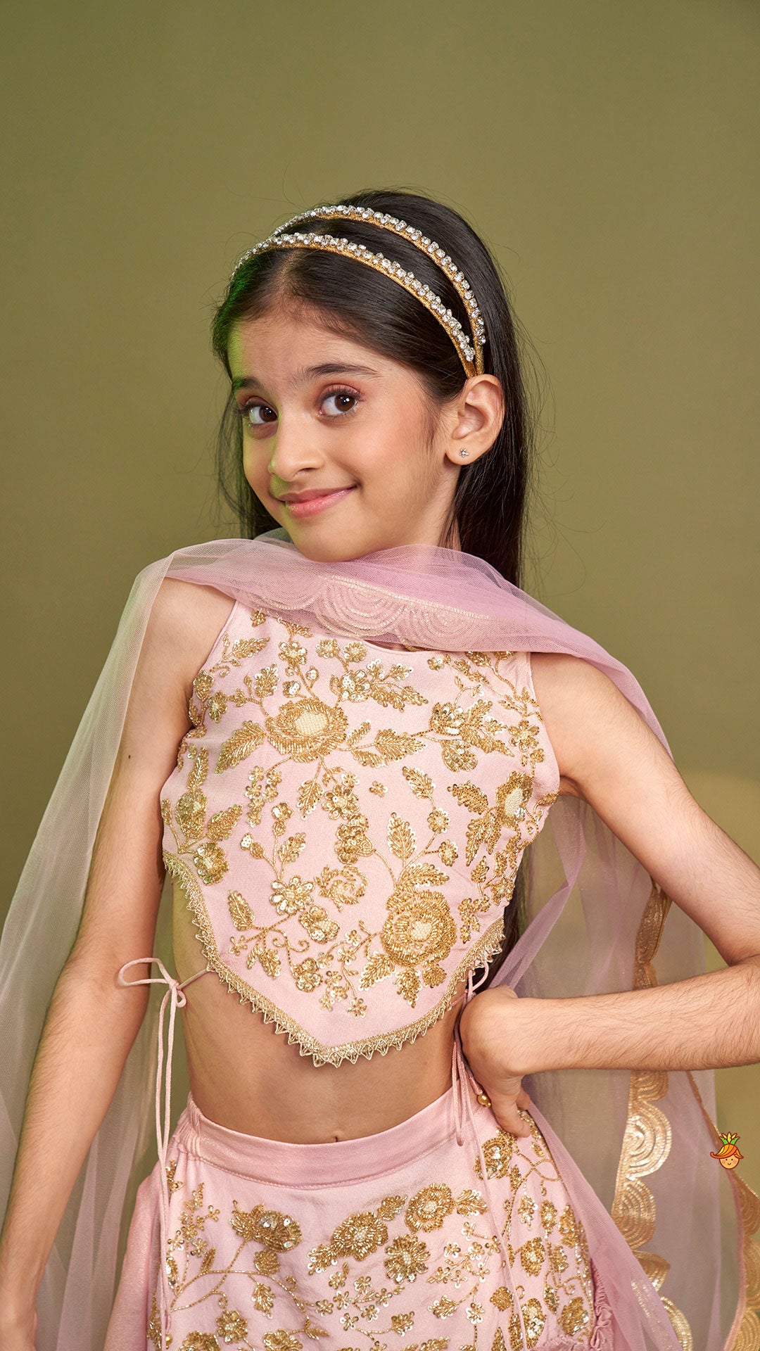 Cut Dana Embroidered Pink Shimmer Top And Lehenga With Net Dupatta