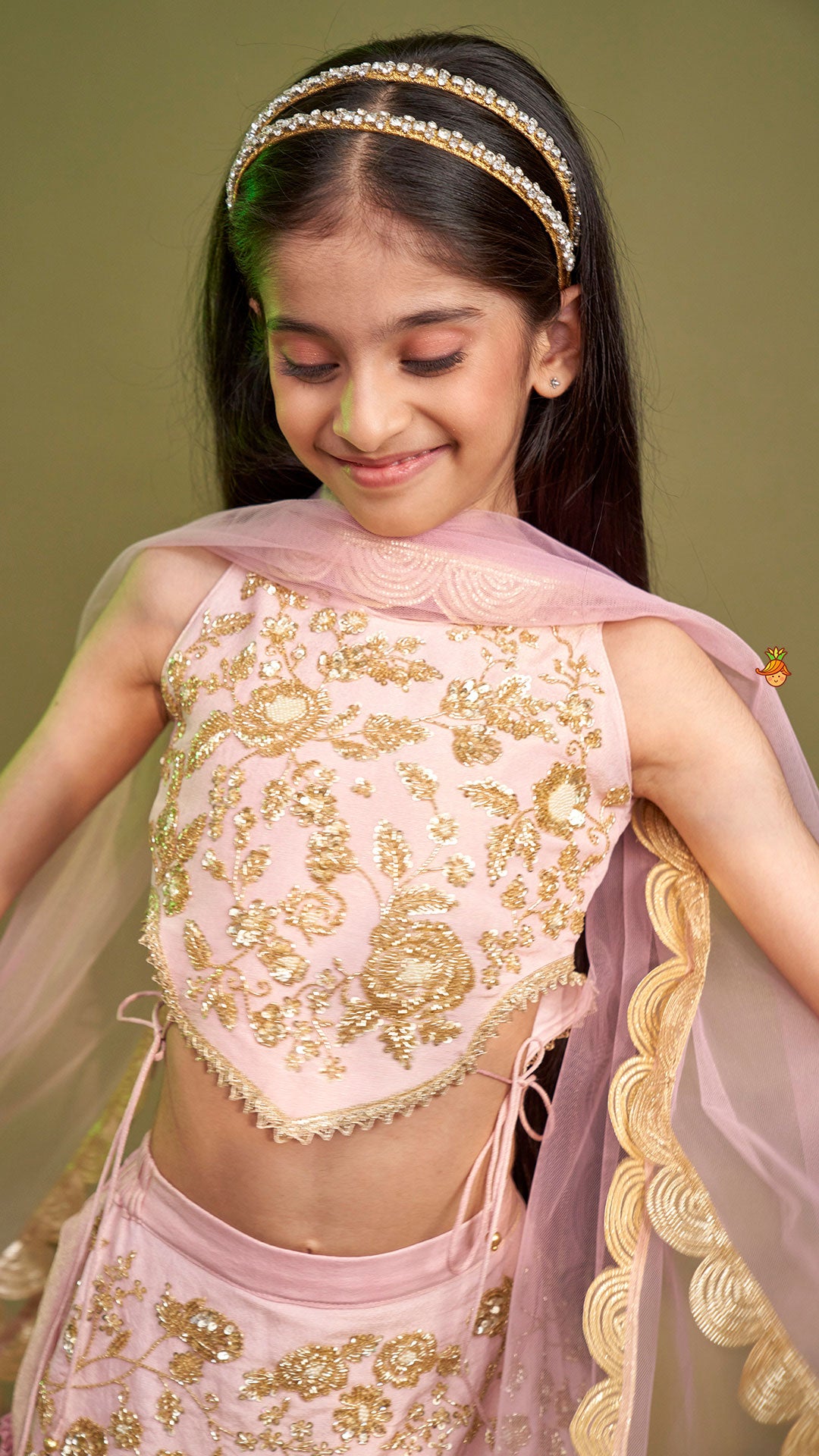 Cut Dana Embroidered Pink Shimmer Top And Lehenga With Net Dupatta