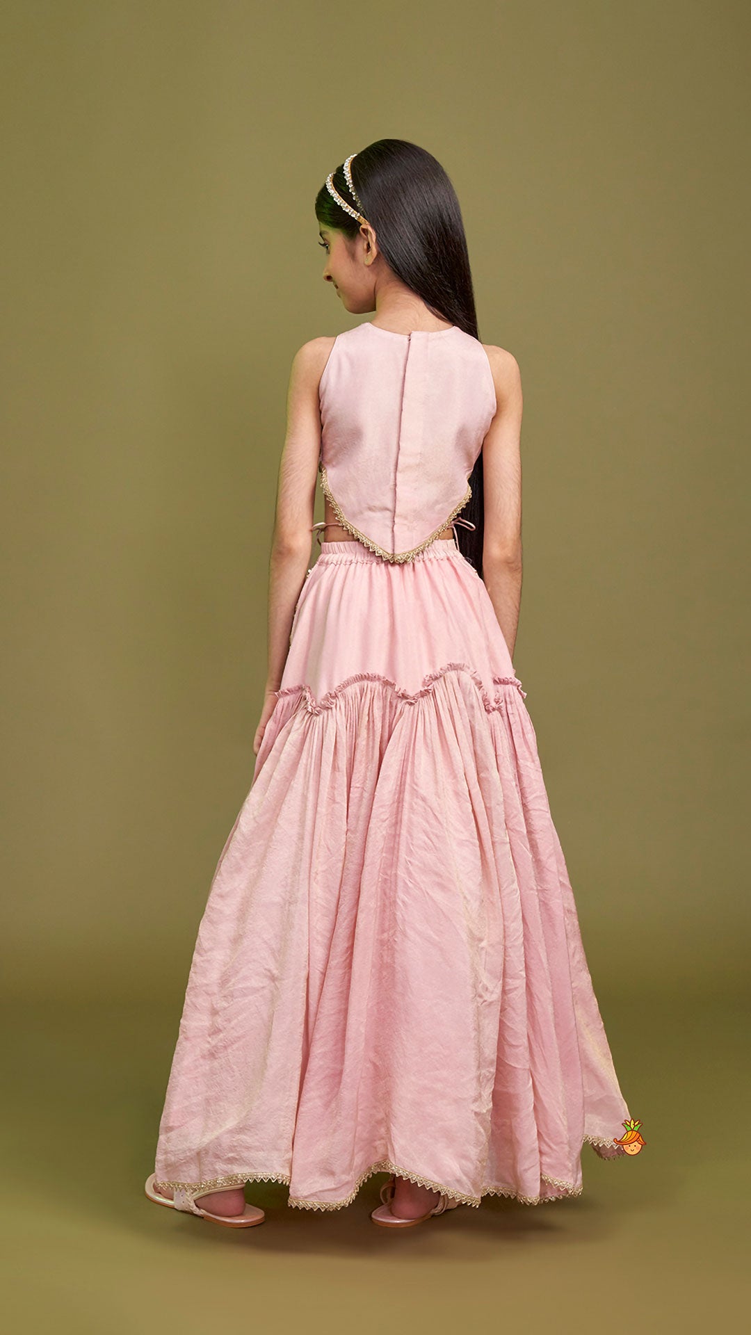 Cut Dana Embroidered Pink Shimmer Top And Lehenga With Net Dupatta