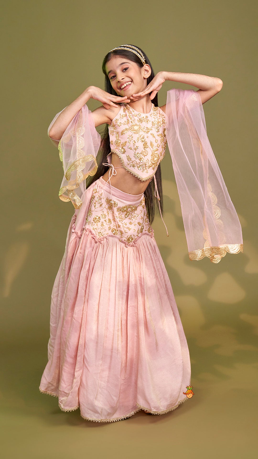 Cut Dana Embroidered Pink Shimmer Top And Lehenga With Net Dupatta