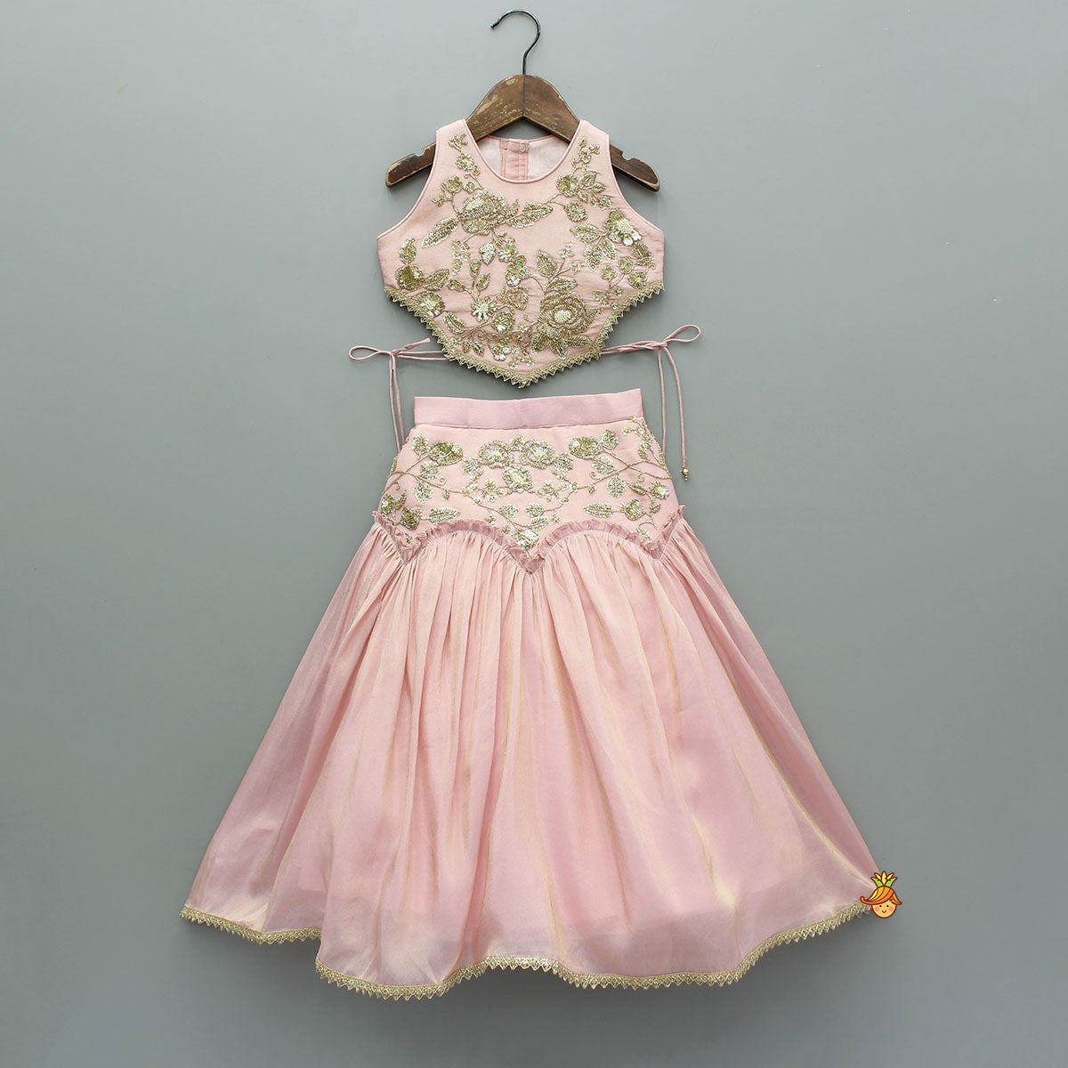Cut Dana Embroidered Pink Shimmer Top And Lehenga With Net Dupatta