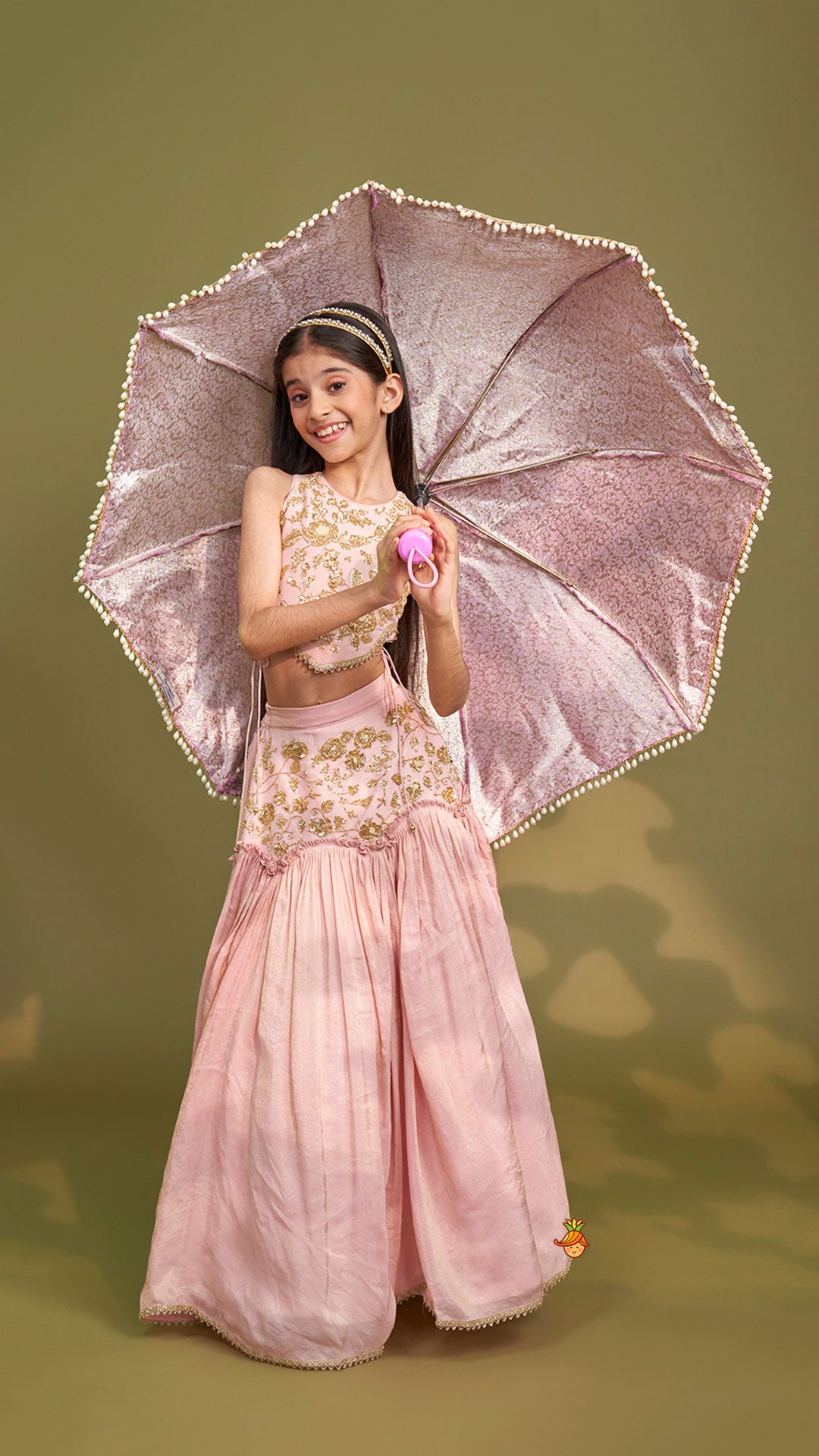 Cut Dana Embroidered Pink Shimmer Top And Lehenga With Net Dupatta