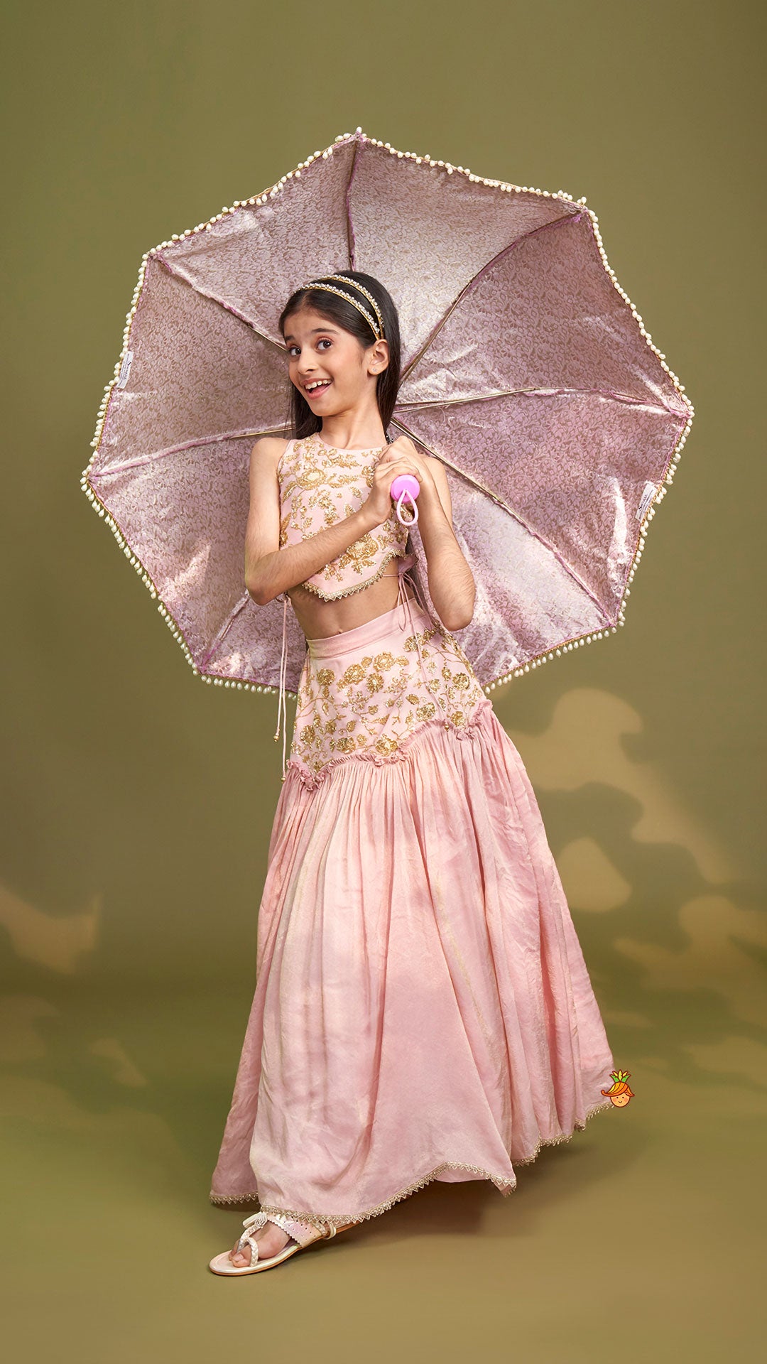 Cut Dana Embroidered Pink Shimmer Top And Lehenga With Net Dupatta