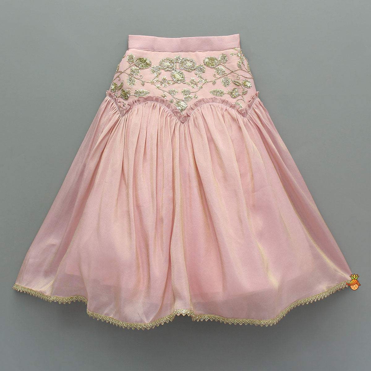 Cut Dana Embroidered Pink Shimmer Top And Lehenga With Net Dupatta