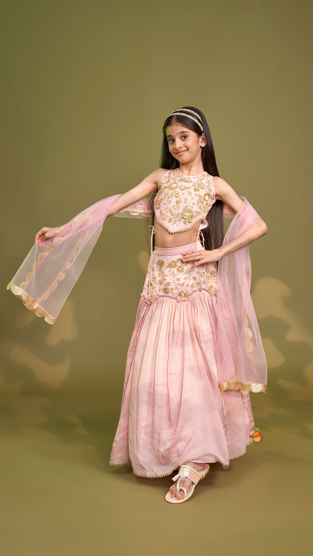Cut Dana Embroidered Pink Shimmer Top And Lehenga With Net Dupatta