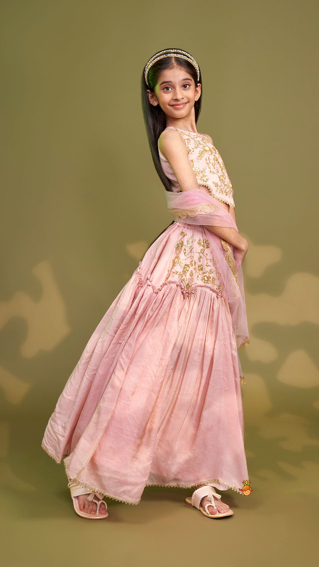 Cut Dana Embroidered Pink Shimmer Top And Lehenga With Net Dupatta
