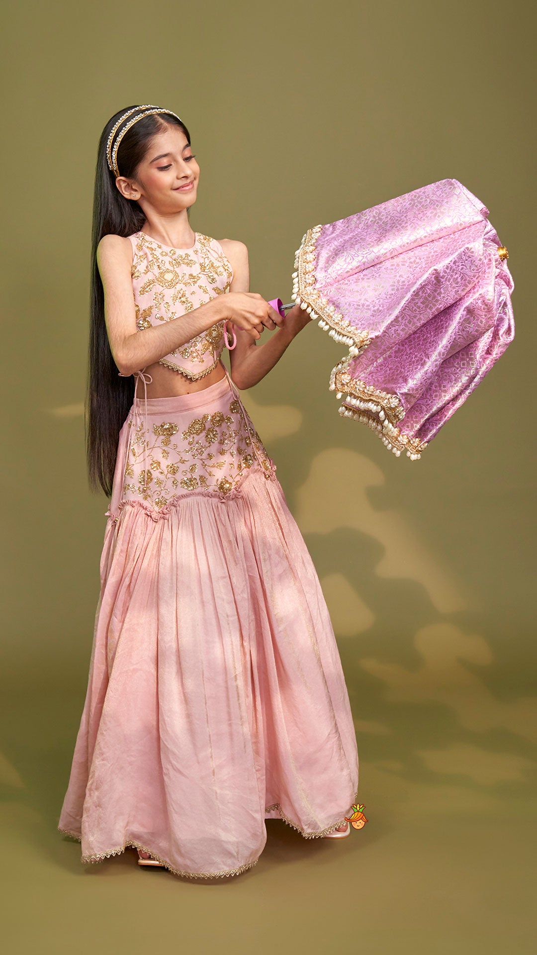 Cut Dana Embroidered Pink Shimmer Top And Lehenga With Net Dupatta