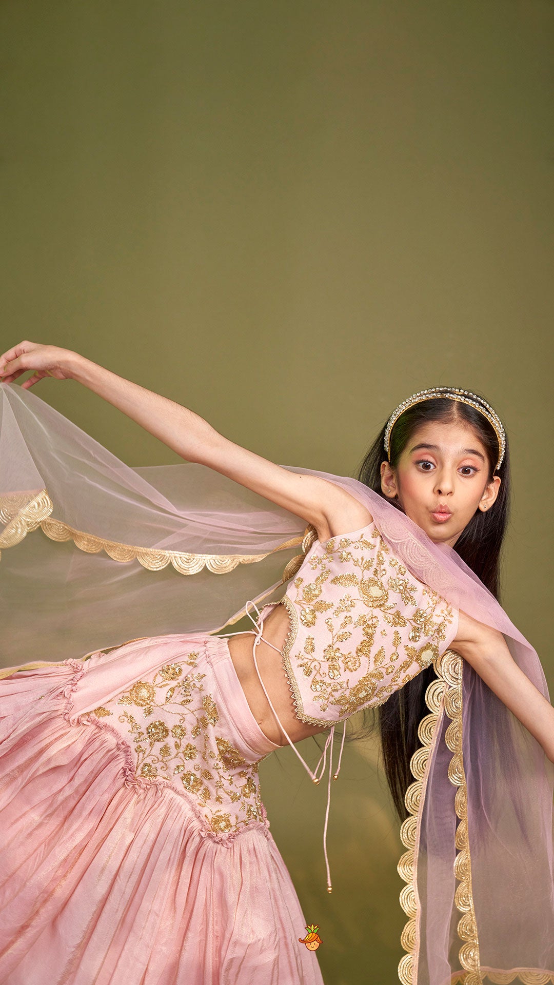 Cut Dana Embroidered Pink Shimmer Top And Lehenga With Net Dupatta