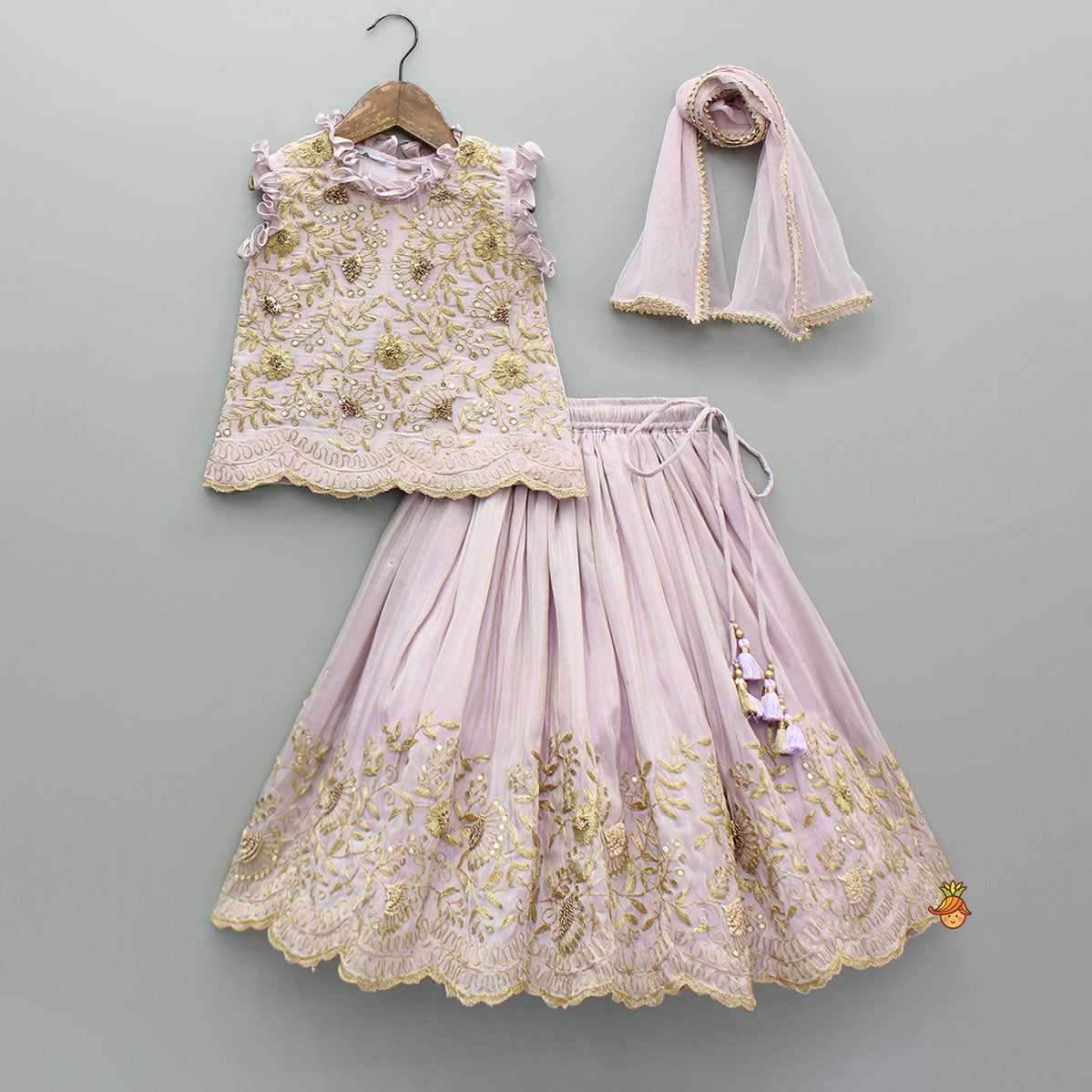 Shimmery Lavender Embroidered Ruffled Top With Shimmery Lehenga And Dupatta