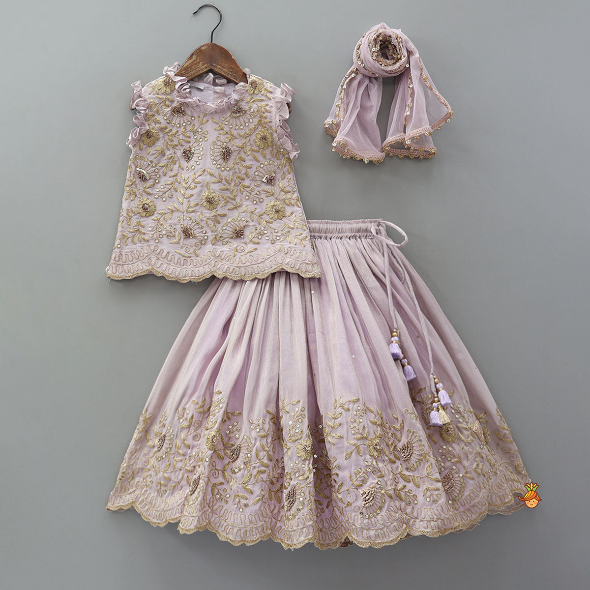 Shimmery Embroidered Ruffled Top With Shimmery Lehenga And Dupatta