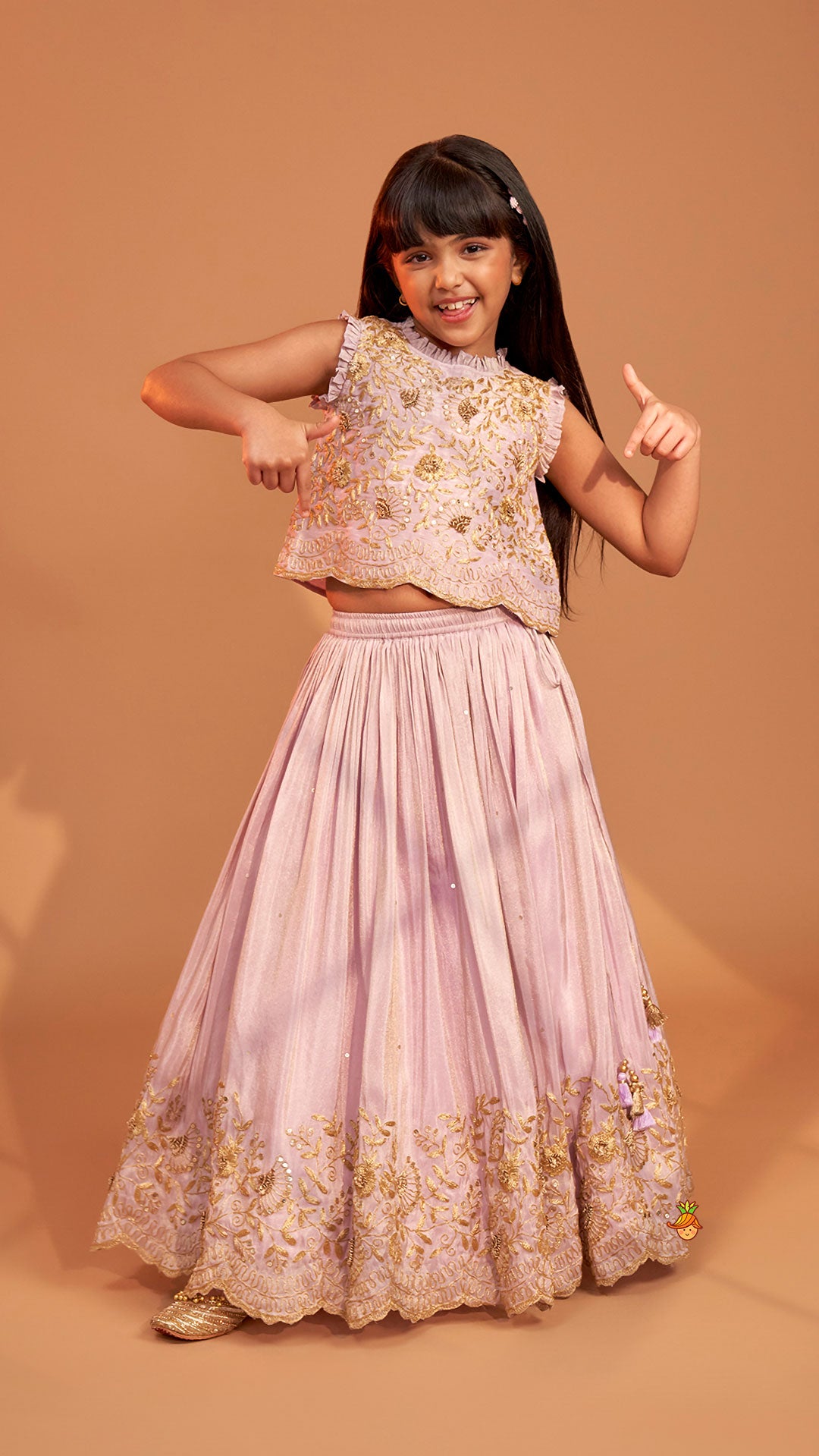 Shimmery Lavender Embroidered Ruffled Top With Shimmery Lehenga And Dupatta