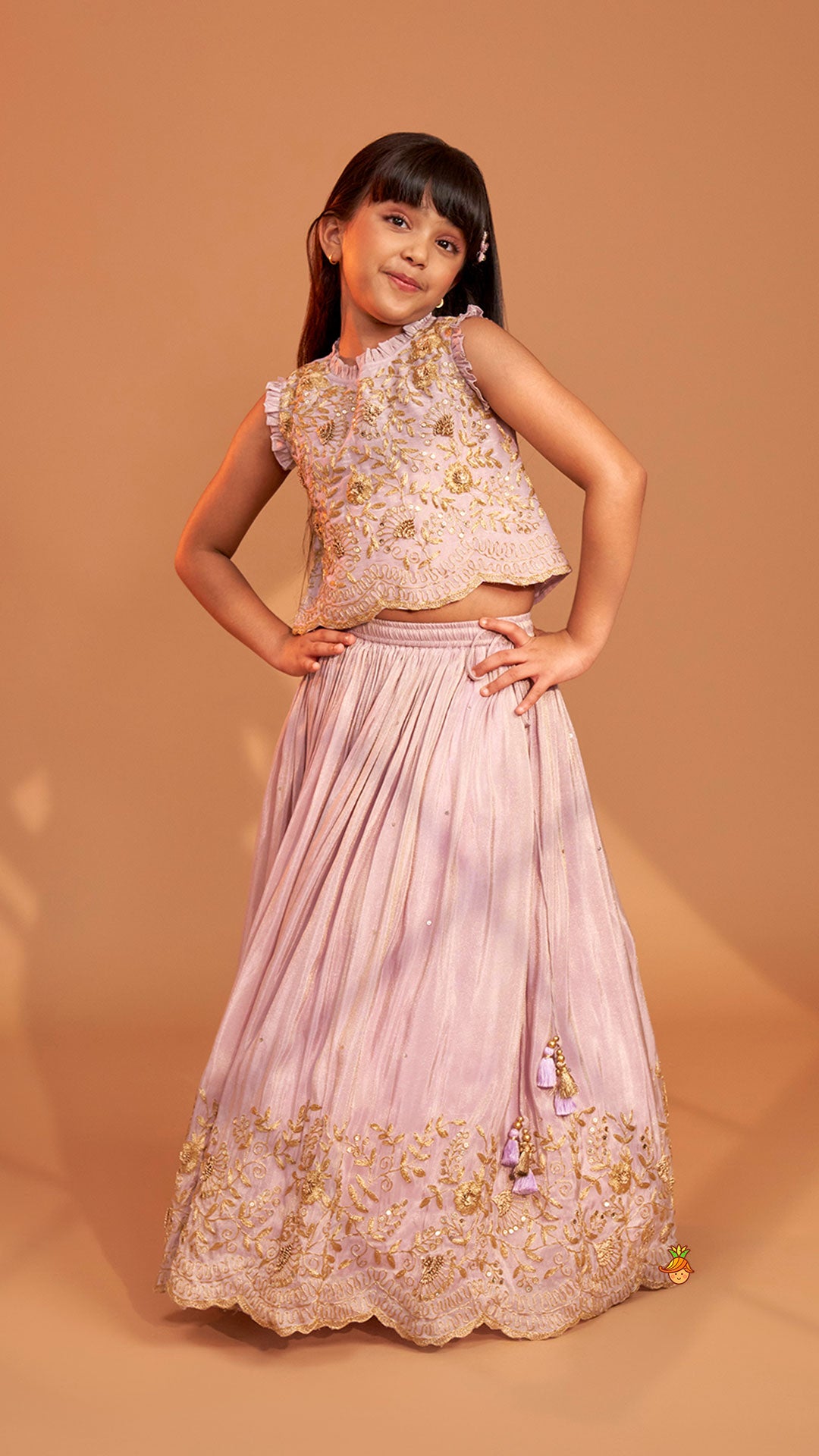 Shimmery Lavender Embroidered Ruffled Top With Shimmery Lehenga And Dupatta
