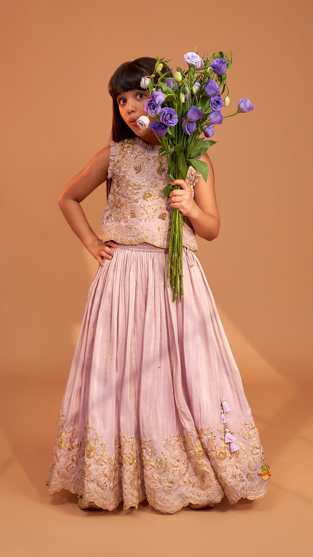 Shimmery Lavender Embroidered Ruffled Top With Shimmery Lehenga And Dupatta