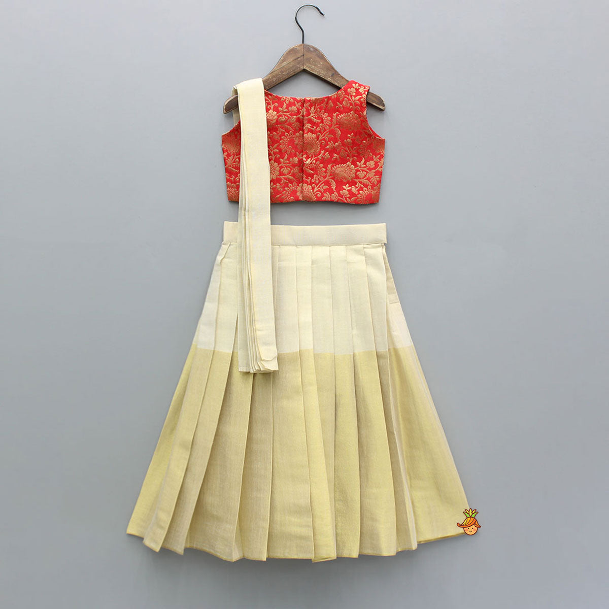 Red Ethnic Drape Detailed Top With Pleated Zari Sheen Lehenga