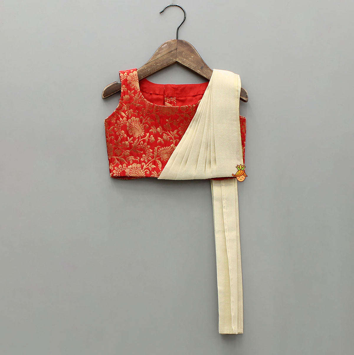 Red Ethnic Drape Detailed Top With Pleated Zari Sheen Lehenga