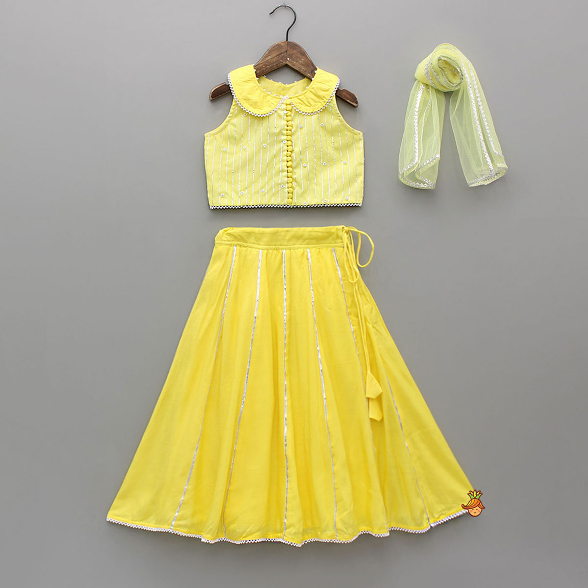 Potli Button Detailed Lurex Striped Top And Lehenga With Net Dupatta