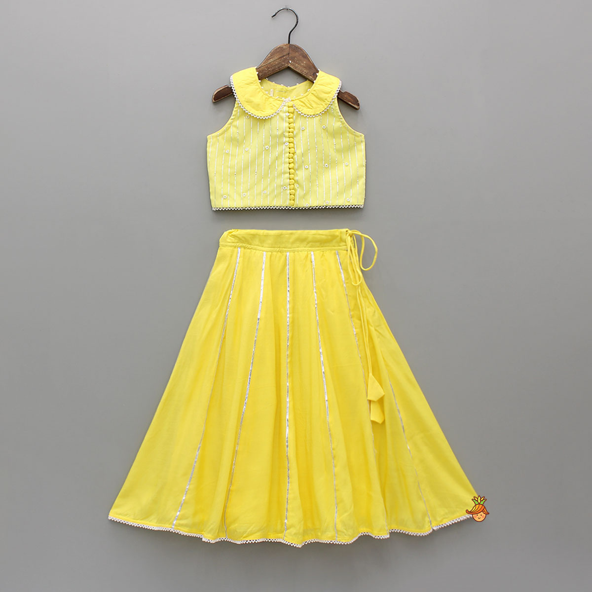 Potli Button Detailed Lurex Striped Top And Lehenga With Net Dupatta