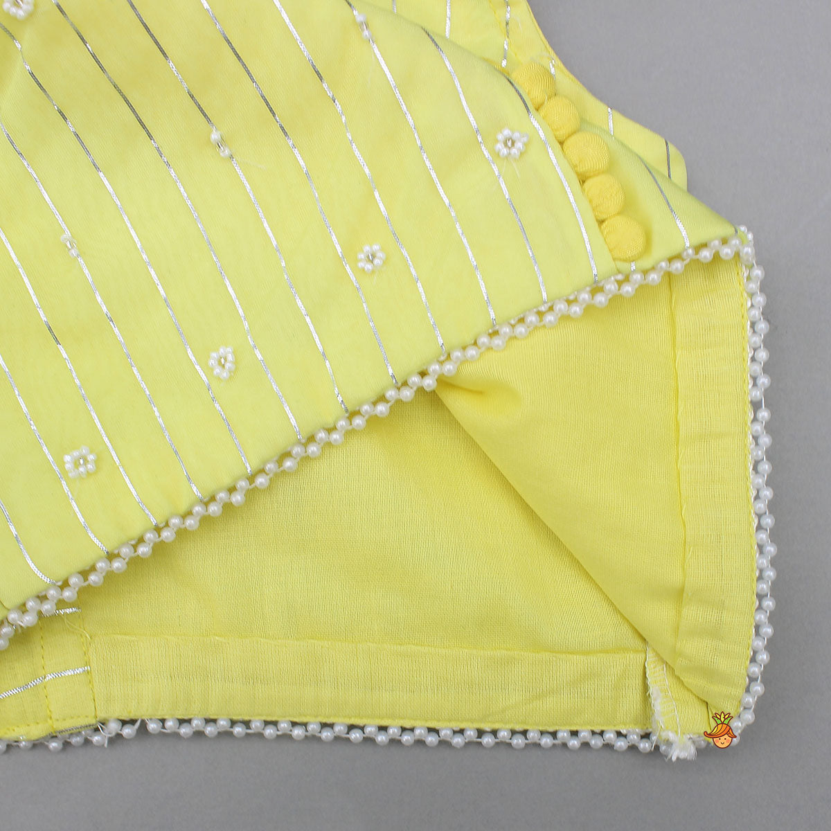 Potli Button Detailed Lurex Striped Top And Lehenga With Net Dupatta