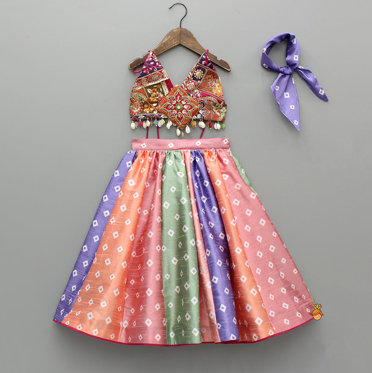 Beautiful Thread Embroidered Top With Bandhani Printed Panel Lehenga And Bandana