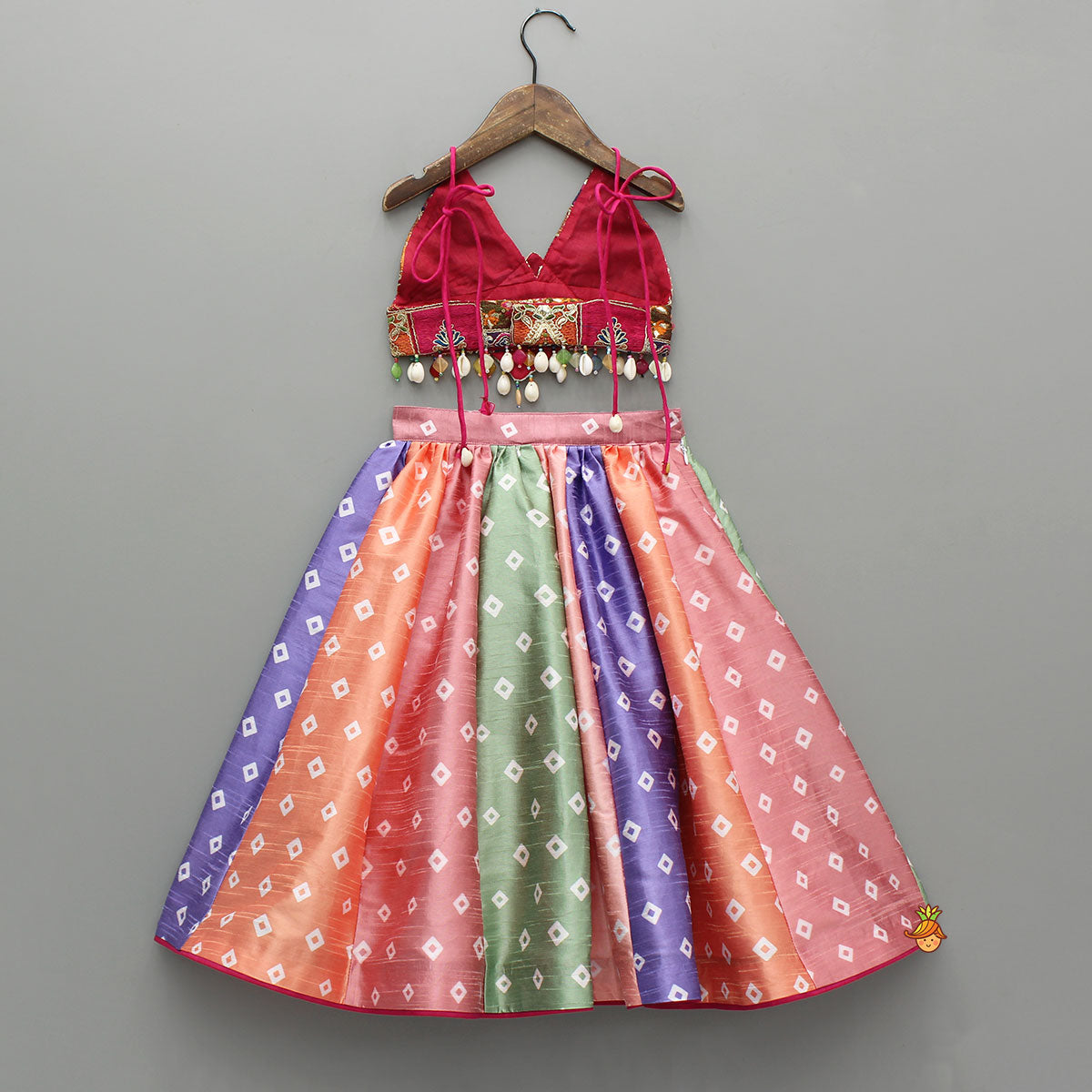 Beautiful Thread Embroidered Top With Bandhani Printed Panel Lehenga And Bandana