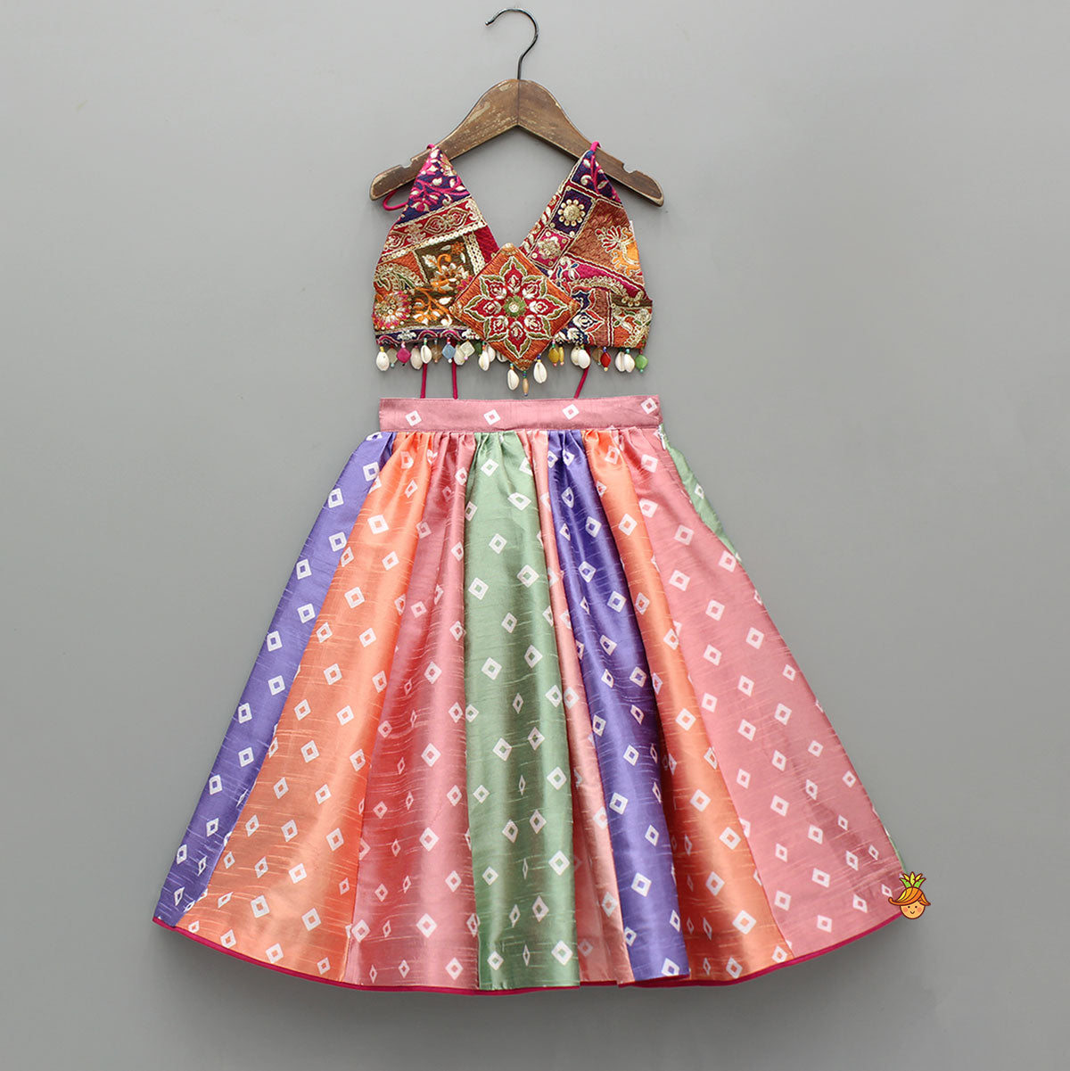 Beautiful Thread Embroidered Top With Bandhani Printed Panel Lehenga And Bandana