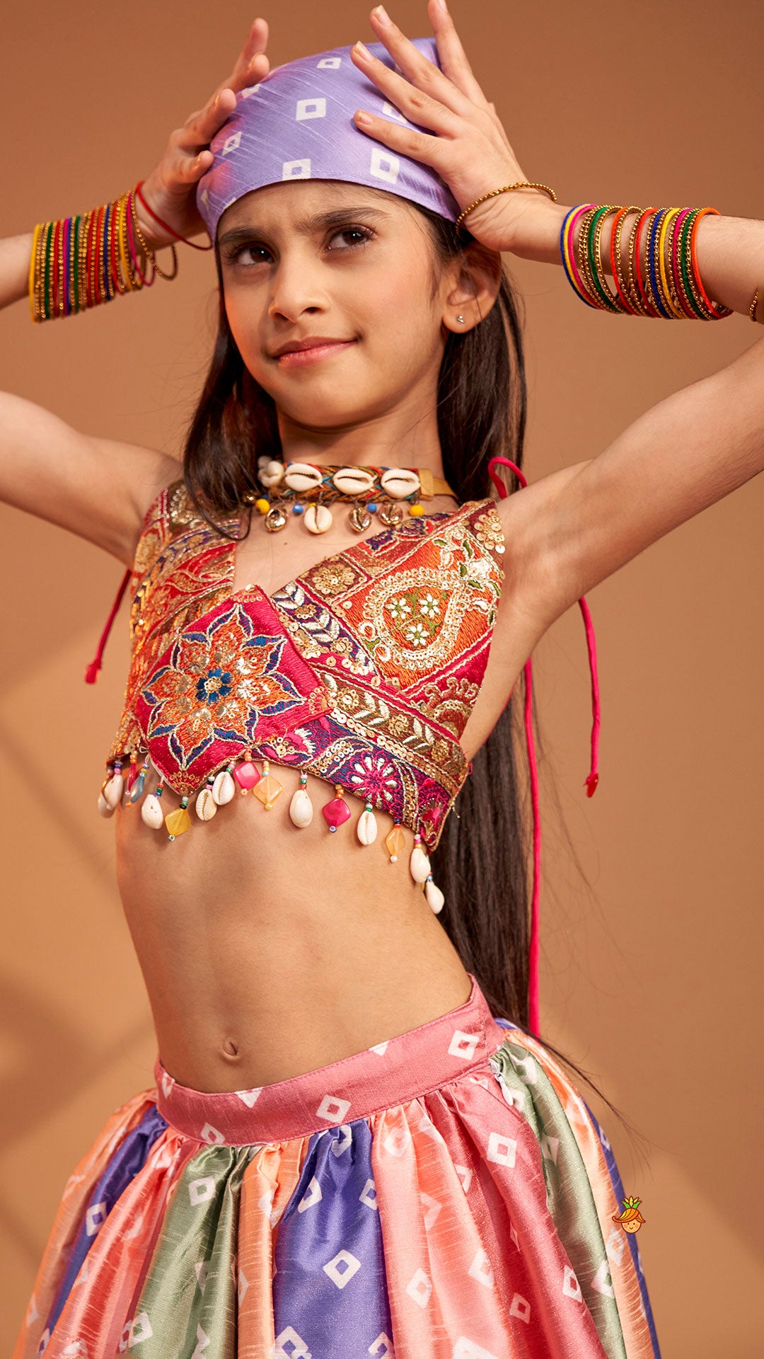 Beautiful Thread Embroidered Top With Bandhani Printed Panel Lehenga And Bandana