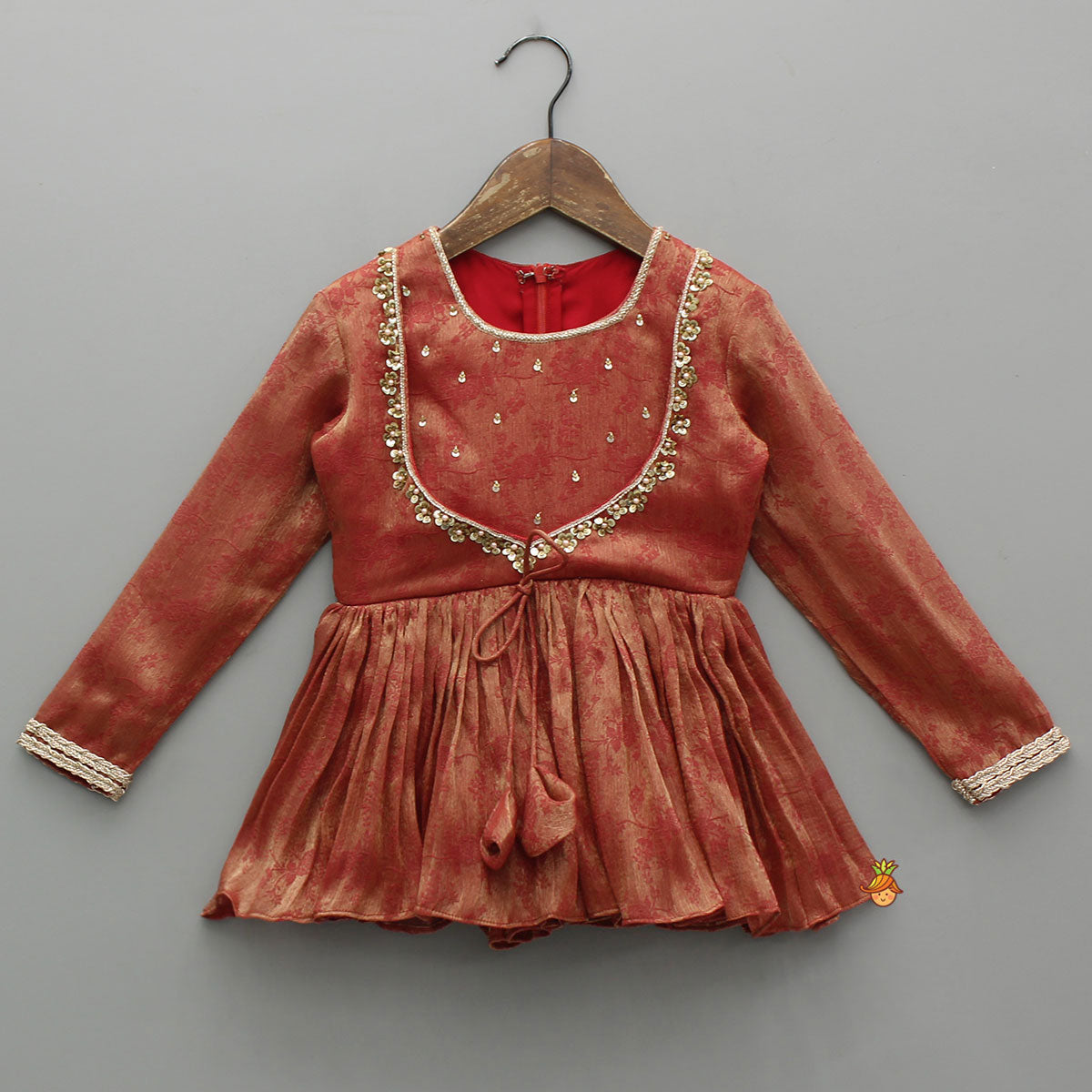 Rust Textured Kurta With Pleated Palazzo