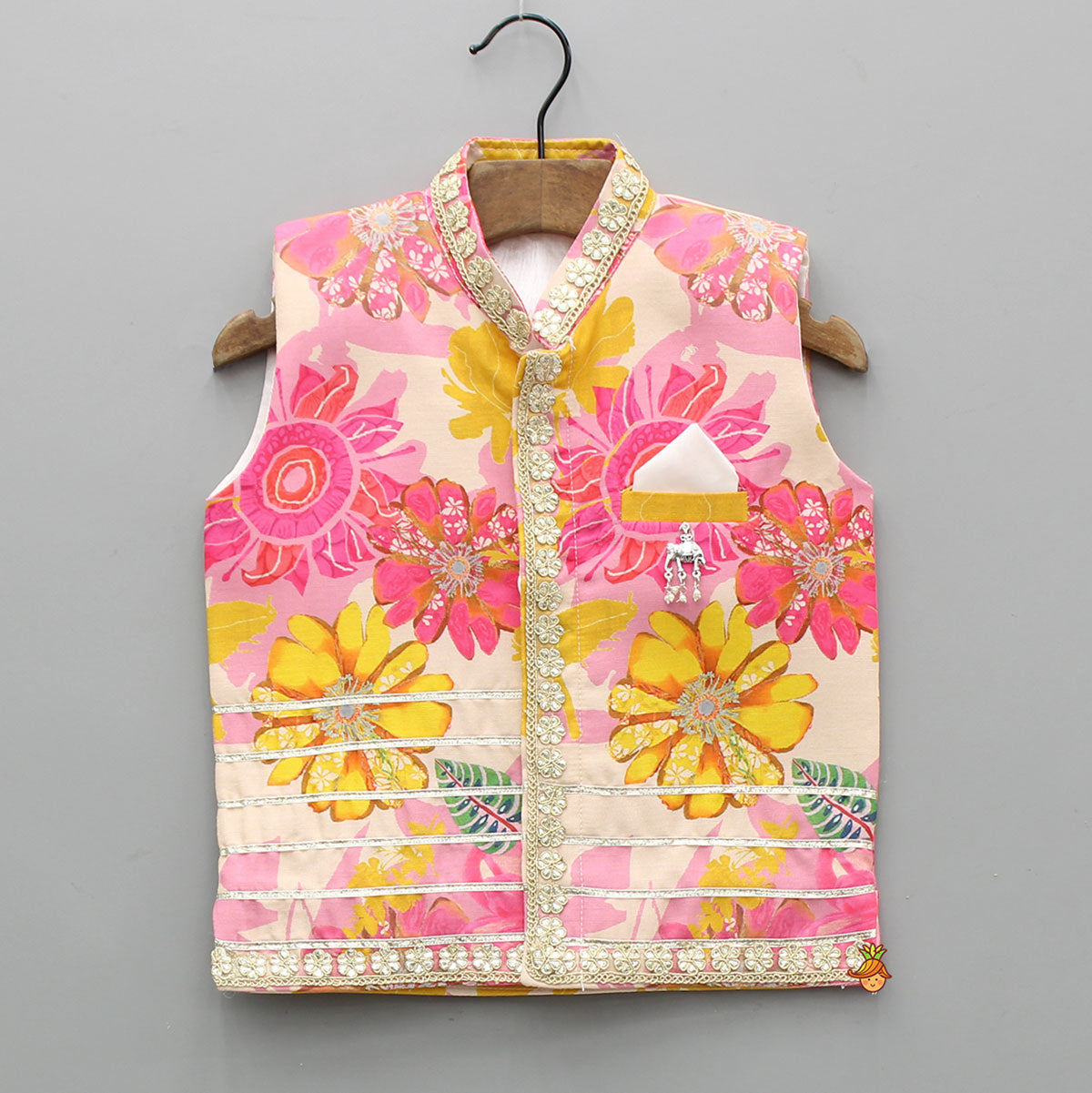 Front Placket Kurta With Floral Printed Multicolour Jacket And Pyjama