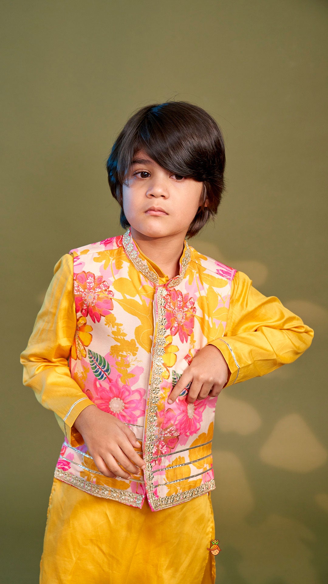 Front Placket Kurta With Floral Printed Multicolour Jacket And Pyjama
