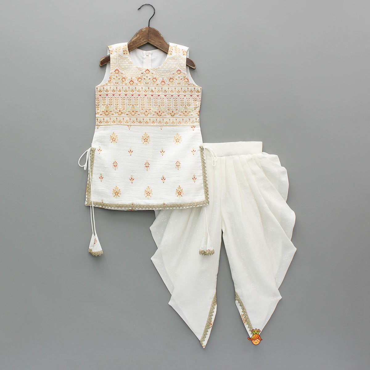 Elegant Ethnic Printed Kurti With Dhoti And Dupatta