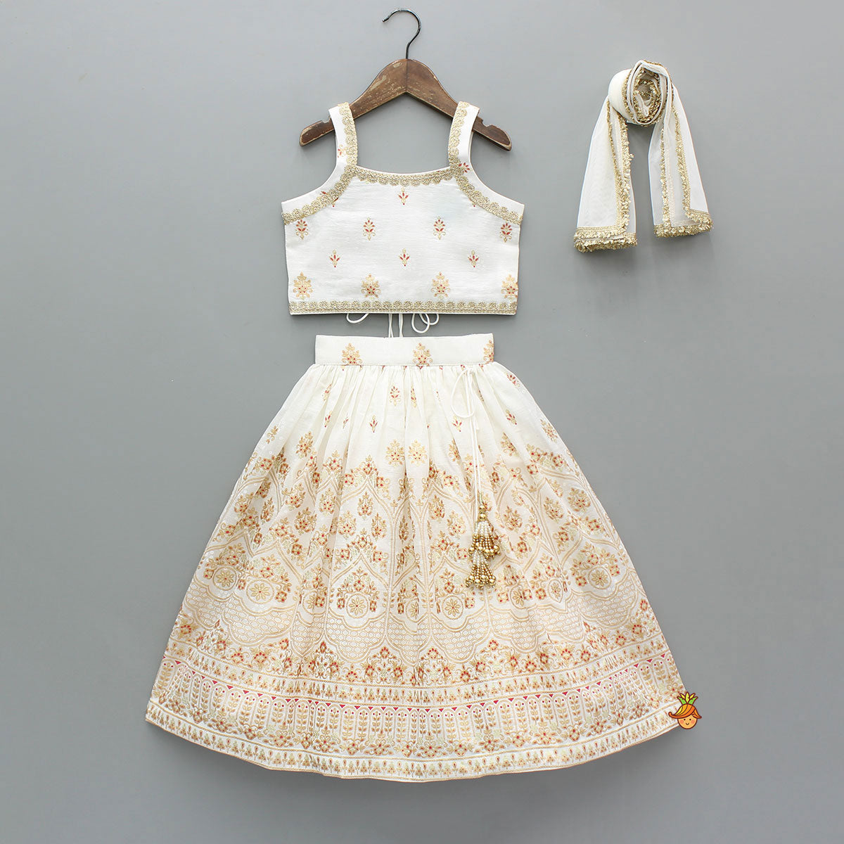 Beautiful Strappy Lace Detailed Top With Matching Lehenga And Dupatta