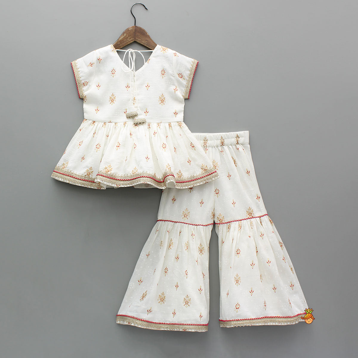 Ethnic Printed Peplum Kurti With Matching Sharara And Dupatta