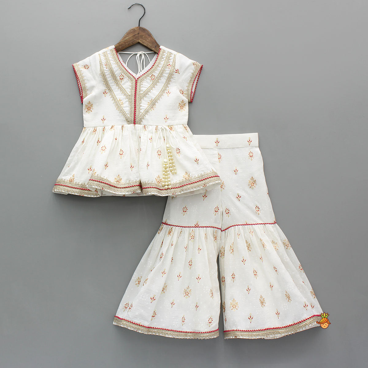 Ethnic Printed Peplum Kurti With Matching Sharara And Dupatta