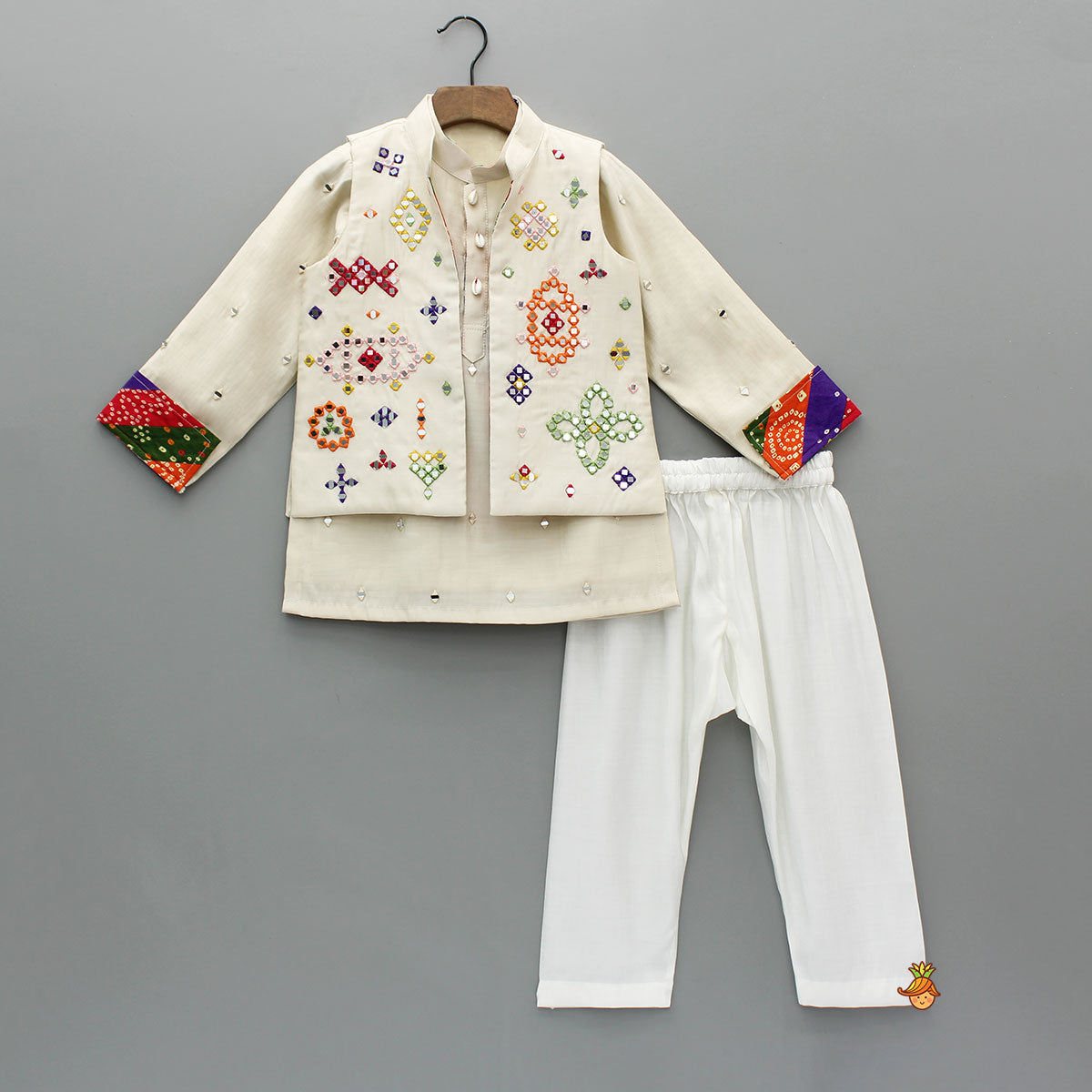 Mirror Embroidered Bandhej Detailed Kurta With Front Open Mirror Work Jacket And Pyjama