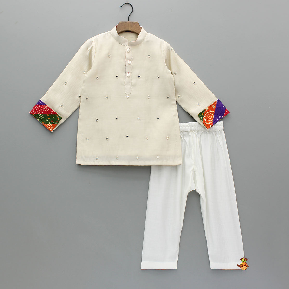 Mirror Embroidered Bandhej Detailed Kurta With Front Open Mirror Work Jacket And Pyjama