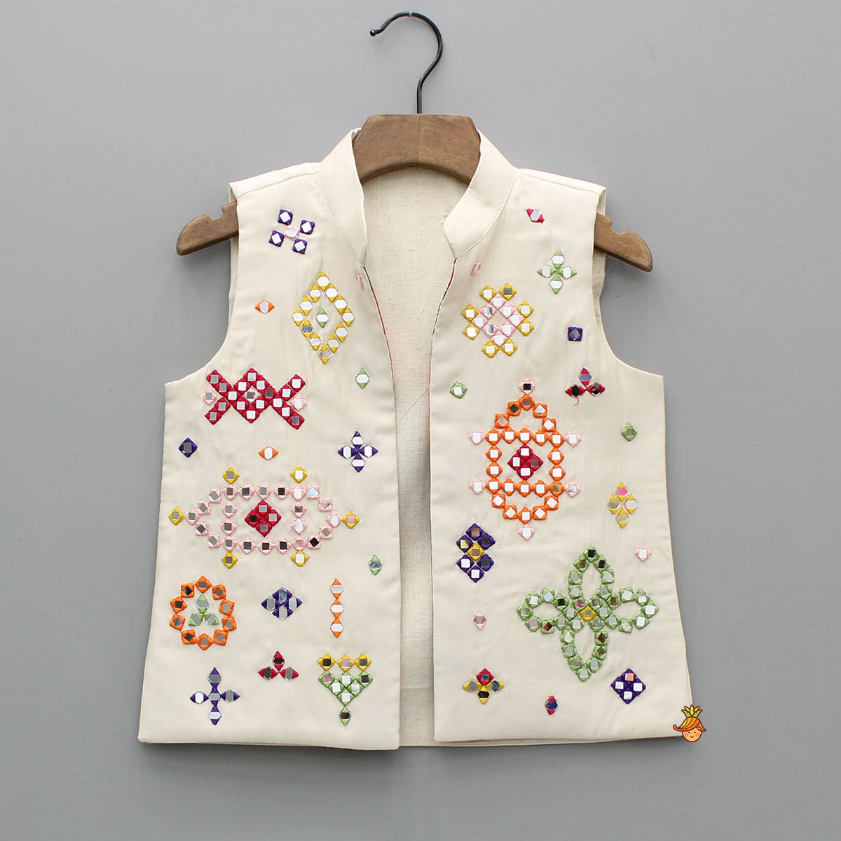 Mirror Embroidered Bandhej Detailed Kurta With Front Open Mirror Work Jacket And Pyjama