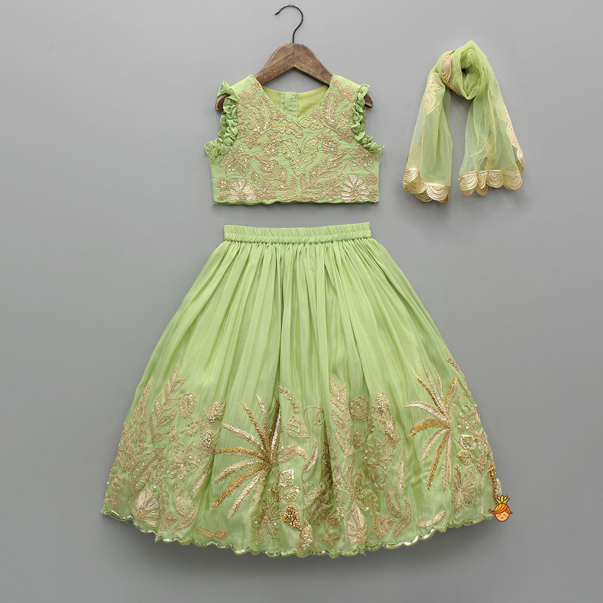 Gorgeous Shimmery Floral Embroidered Top With Matching Lehenga And Dupatta
