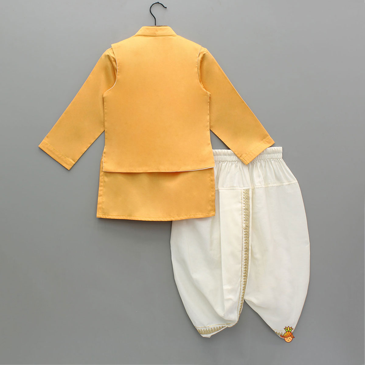 Orange Ethnic Kurta With Lace Embroidered Sleeveless Jacket And Dhoti