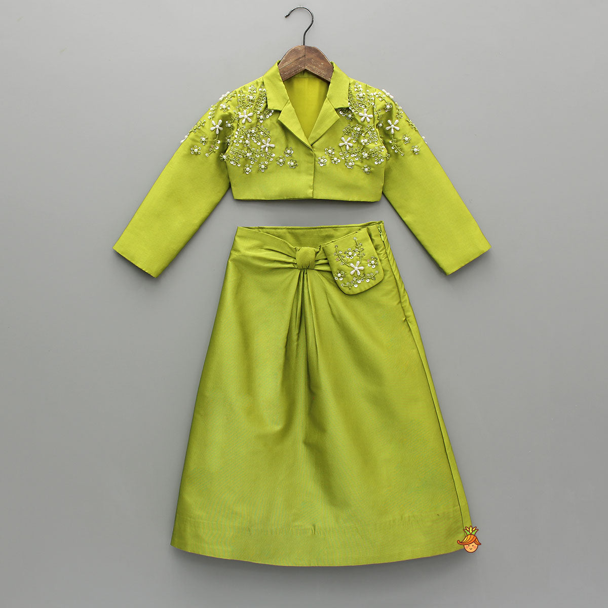 Green Blazer Style Crop Top With Lehenga