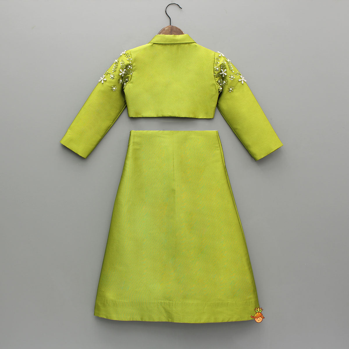 Green Blazer Style Crop Top With Lehenga