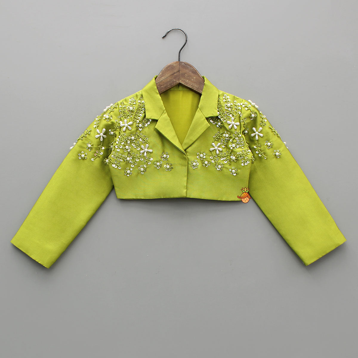 Green Blazer Style Crop Top With Lehenga