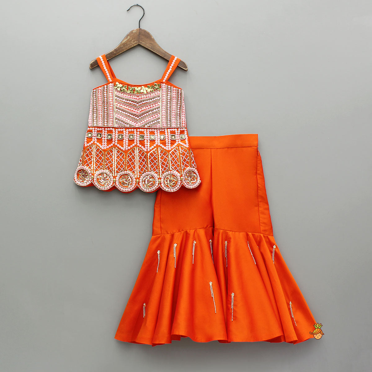 Exquisite Orange Kurti With Flared Sharara And Choker Dupatta