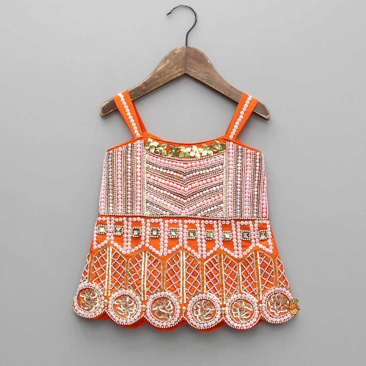 Exquisite Orange Kurti With Flared Sharara And Choker Dupatta