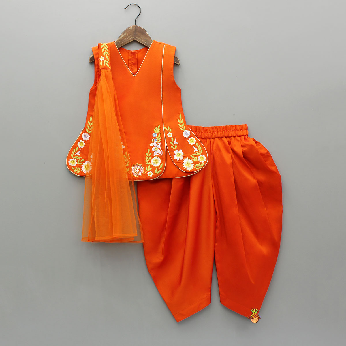 Orange Stylish Scalloped Kurti With Matching Dhoti And Choker Dupatta